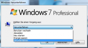 Dropdown-Menü zum "Herunterfahren" eines Gerätes mit Windows 7 Professional